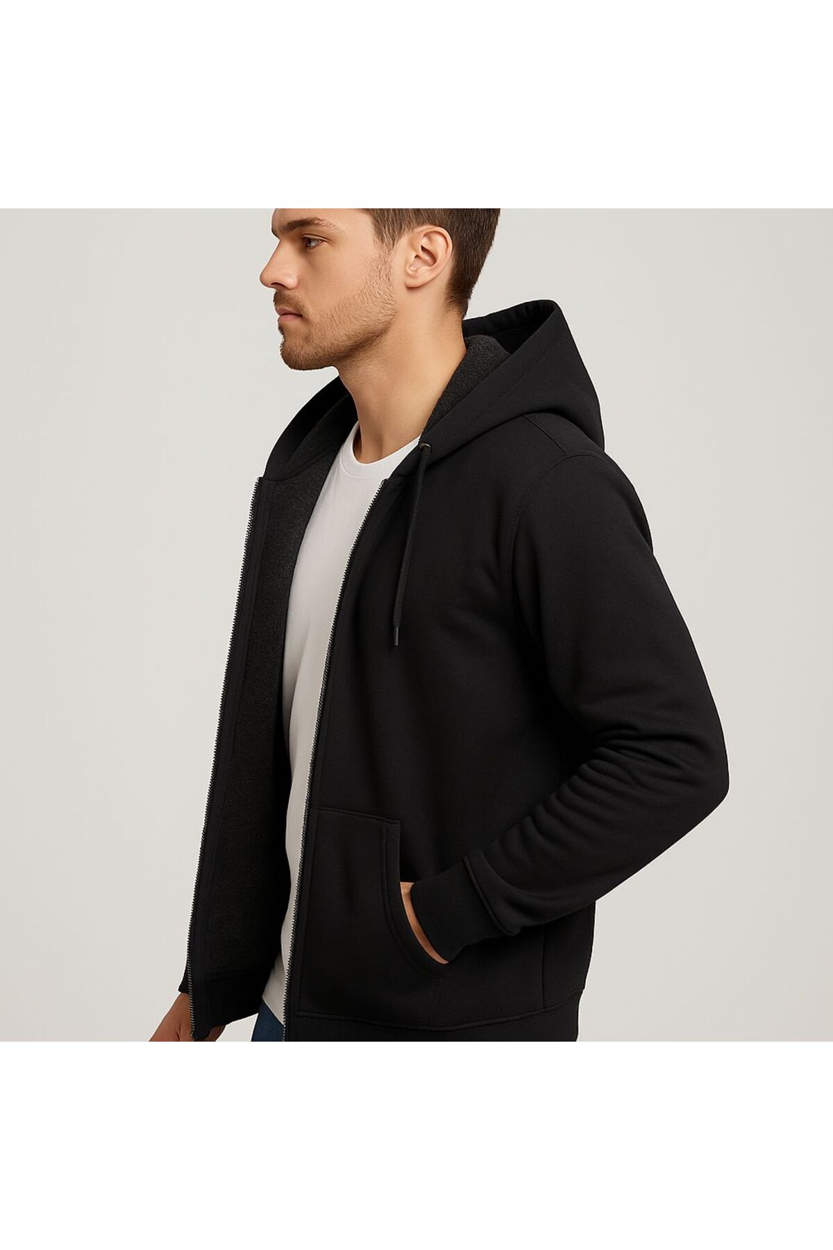 citycenterfashion Erkek Rahat Kalıp Kapüşonlu Kalın Üç İplik Fermuarlı Ceket Sweatshirt cty-brd-101 görsel 4
