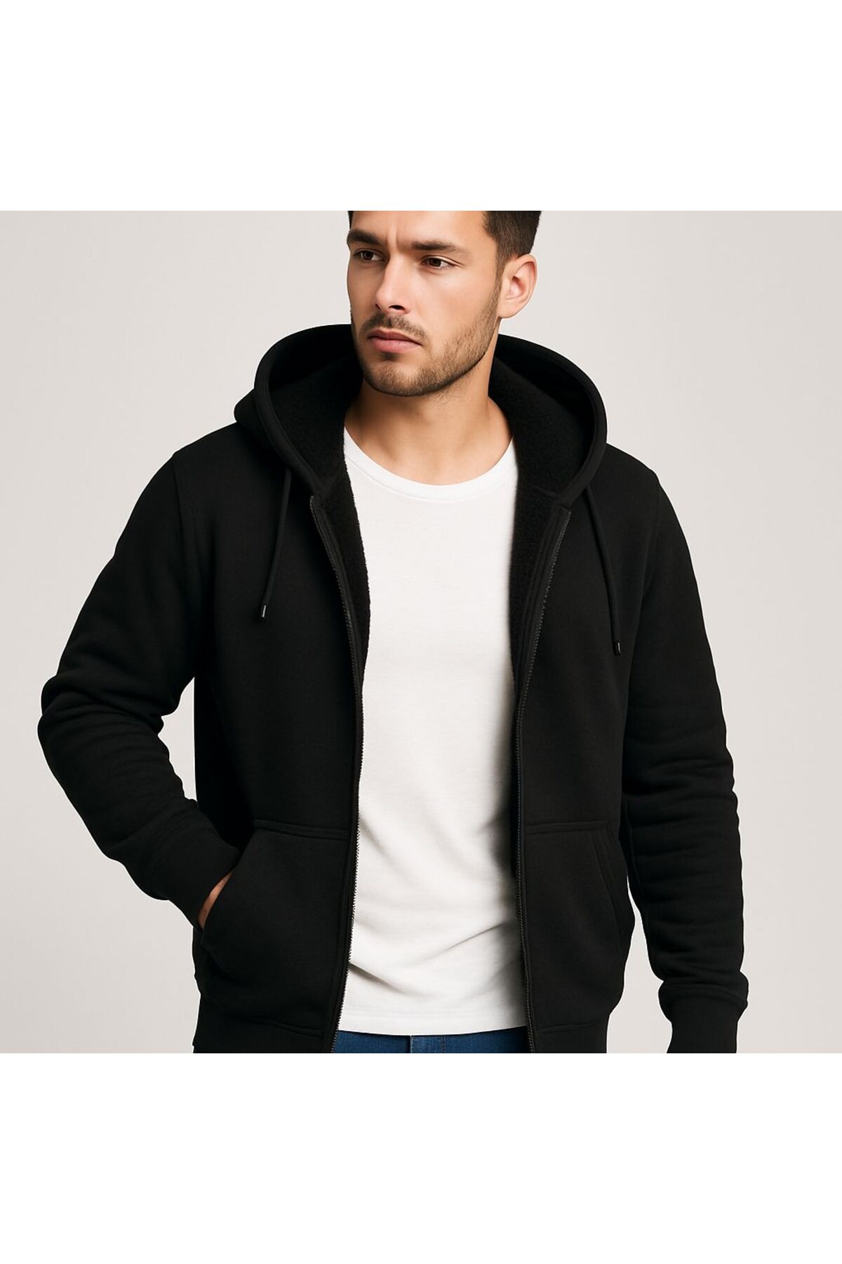 citycenterfashion Erkek Rahat Kalıp Kapüşonlu Kalın Üç İplik Fermuarlı Ceket Sweatshirt cty-brd-101 görsel 2