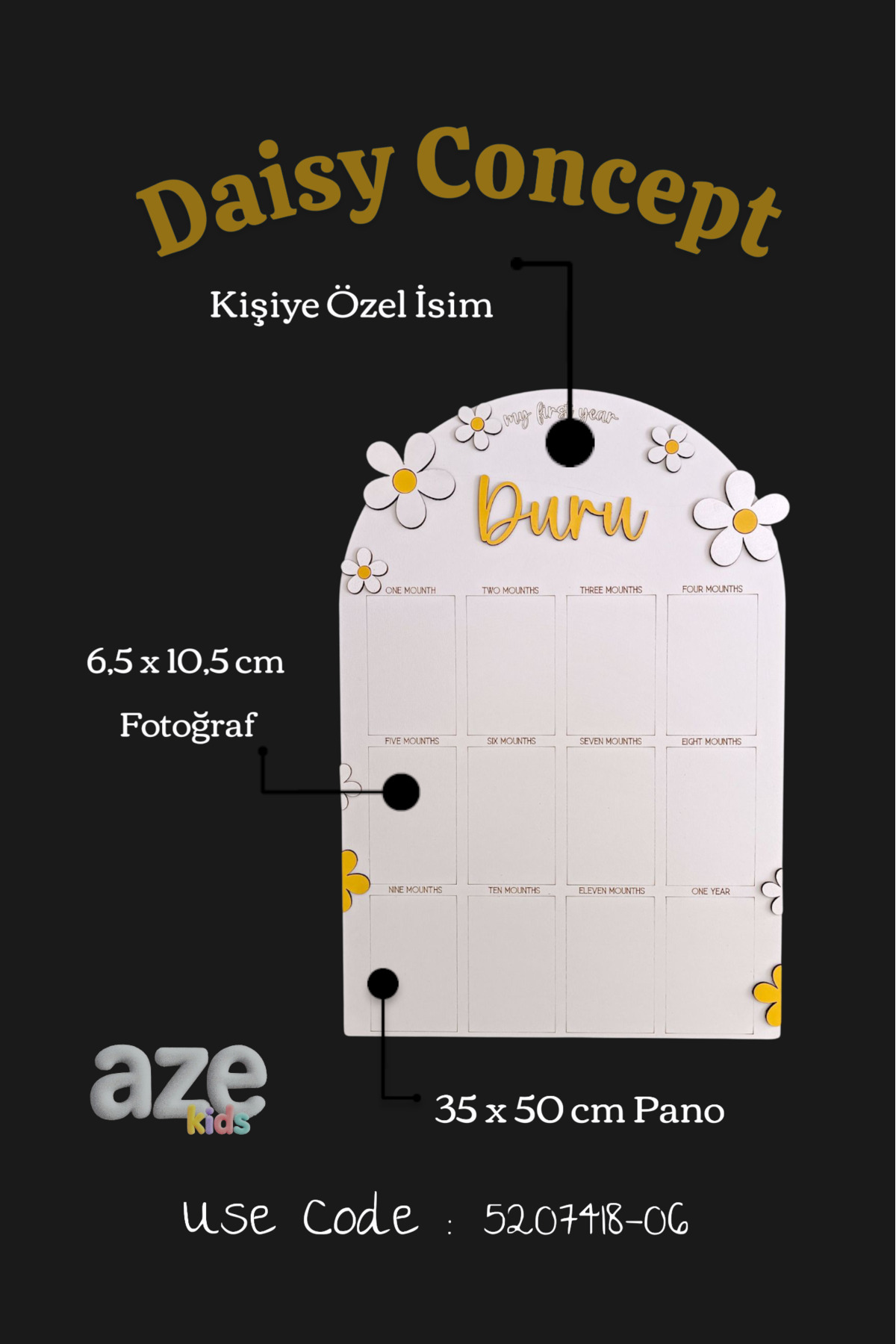 aze kids İsme Özel PAPATYA Temalı Ahşap İlk Yıl Anı Panosu 12 Aylık Bebek Hatırası Doğum Günü Süsü fotoğrafı 4 (önizleme)