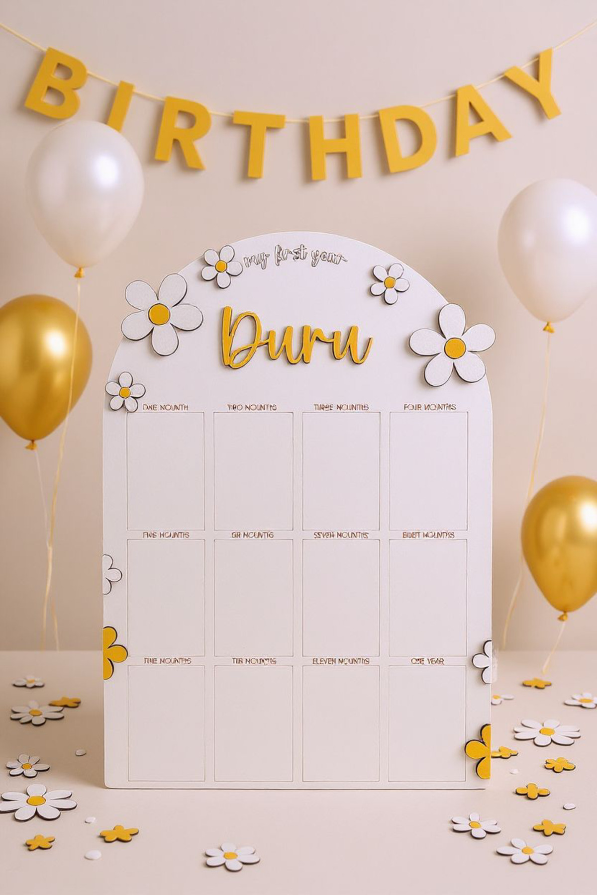 aze kids İsme Özel PAPATYA Temalı Ahşap İlk Yıl Anı Panosu 12 Aylık Bebek Hatırası Doğum Günü Süsü fotoğrafı 2 (önizleme)