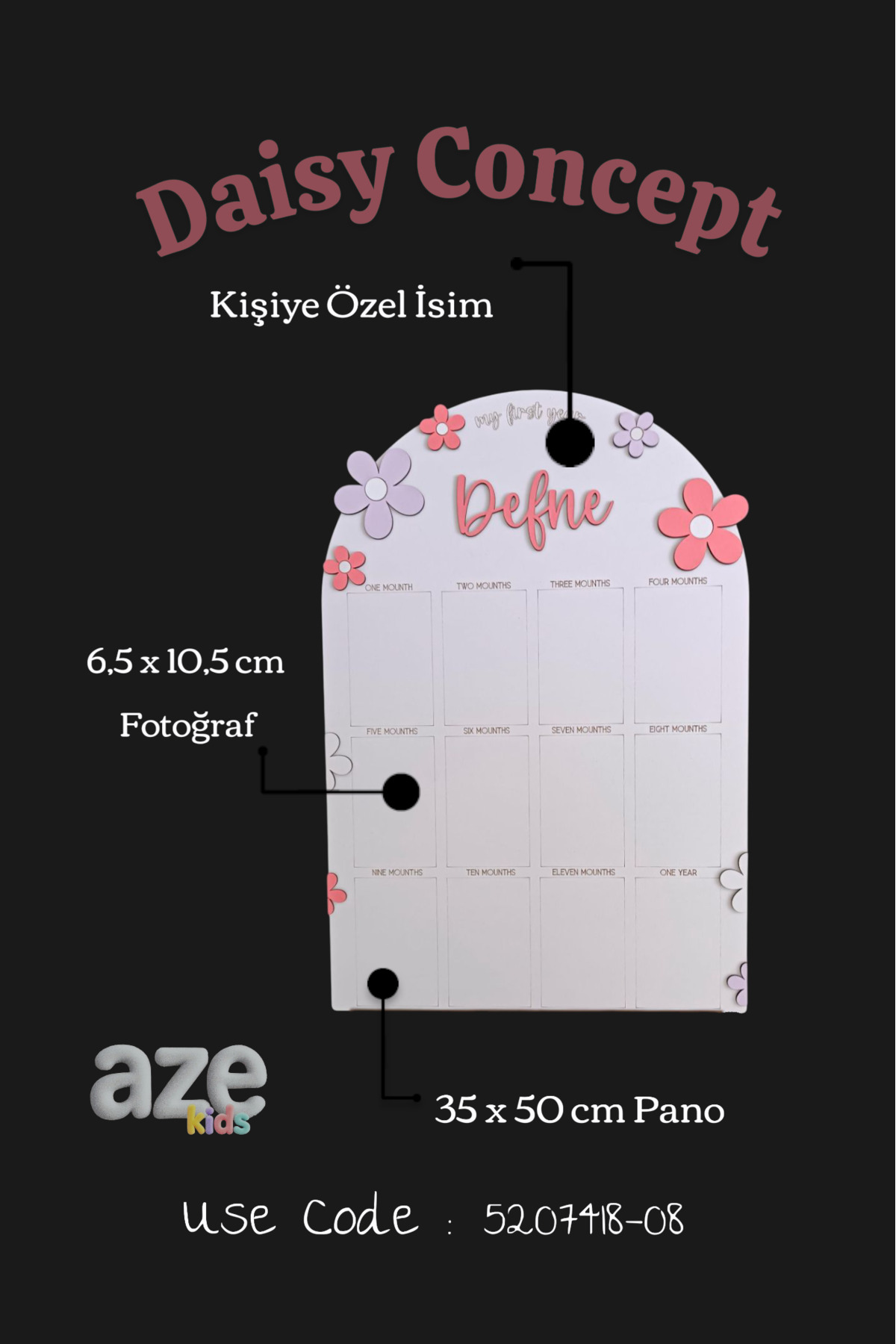 aze kids İsme Özel PAPATYA Temalı Ahşap İlk Yıl Anı Panosu 12 Aylık Bebek Hatırası Doğum Günü Süsü fotoğrafı 4 (önizleme)