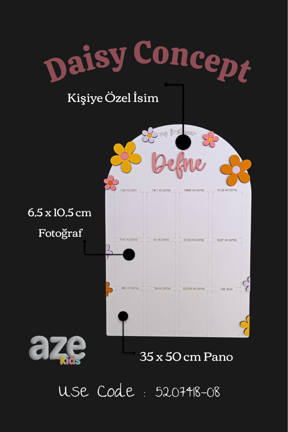 aze kids İsme Özel PAPATYA Temalı Ahşap İlk Yıl Anı Panosu 12 Aylık Bebek Hatırası Doğum Günü Süsü fotoğrafı 4 (önizleme)