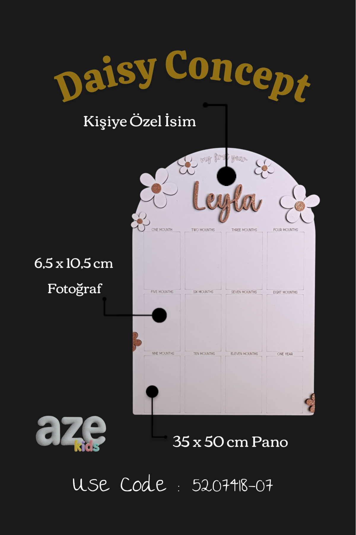 aze kids İsme Özel PAPATYA Temalı Ahşap İlk Yıl Anı Panosu 12 Aylık Bebek Hatırası Doğum Günü Süsü fotoğrafı 5 (önizleme)