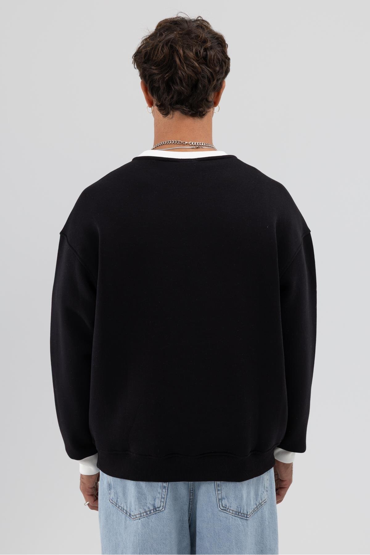 Oversize Bisiklet Yaka Baskılı Sweatshirt Siyah — مشکی V70-91 — تصویر 3 از 5