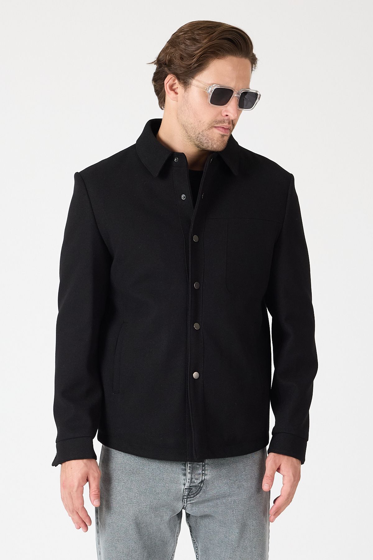 SİYAH Regular Fit ERKEK Kaşe Çıtçıtlı Kaşe Kaban — مشکی 1017 — تصویر 4 از 7