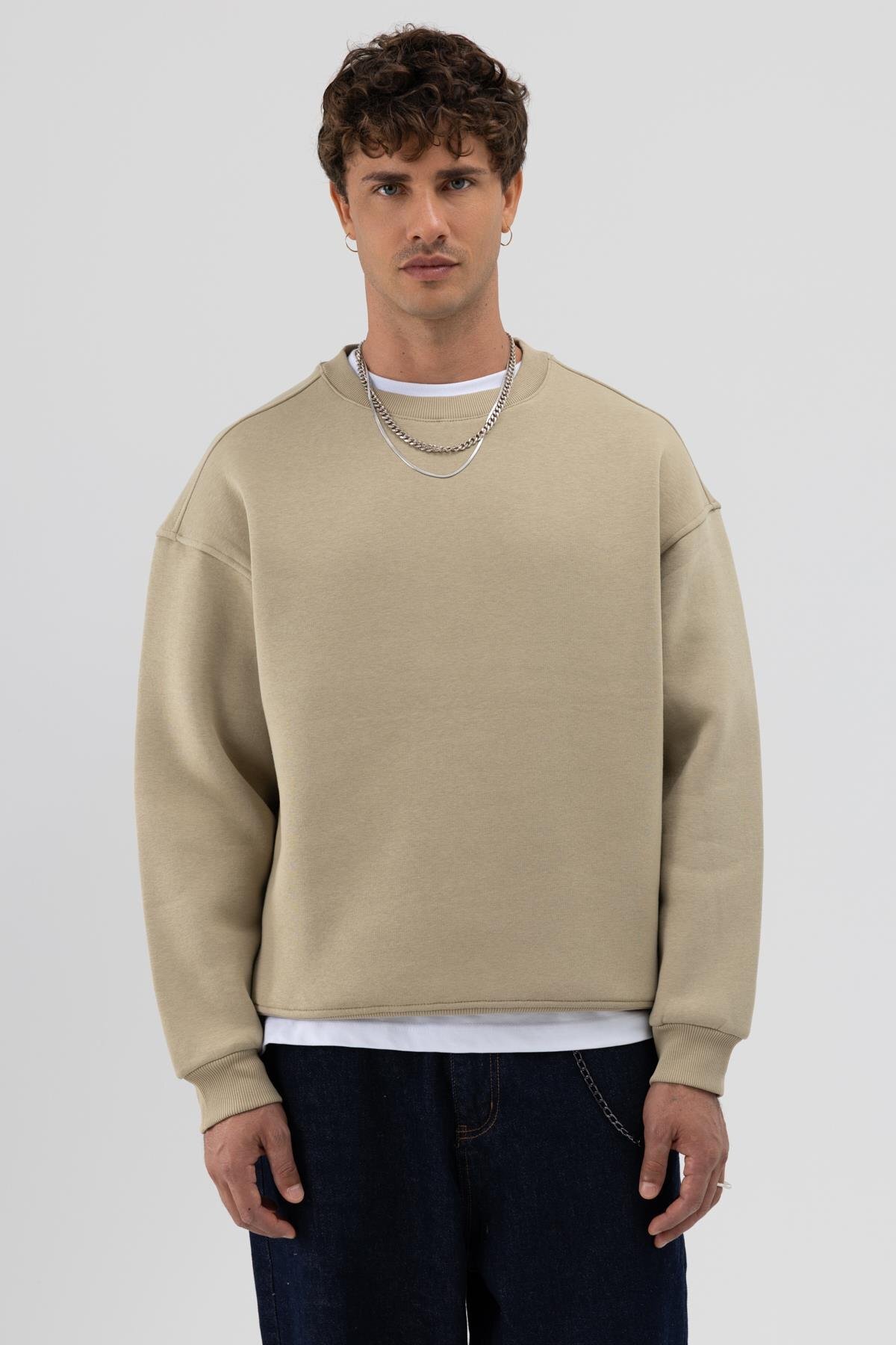 Basic Bisiklet Yaka Oversize Sweatshirt Haki — خاکی V70-79 — تصویر 7 از 7
