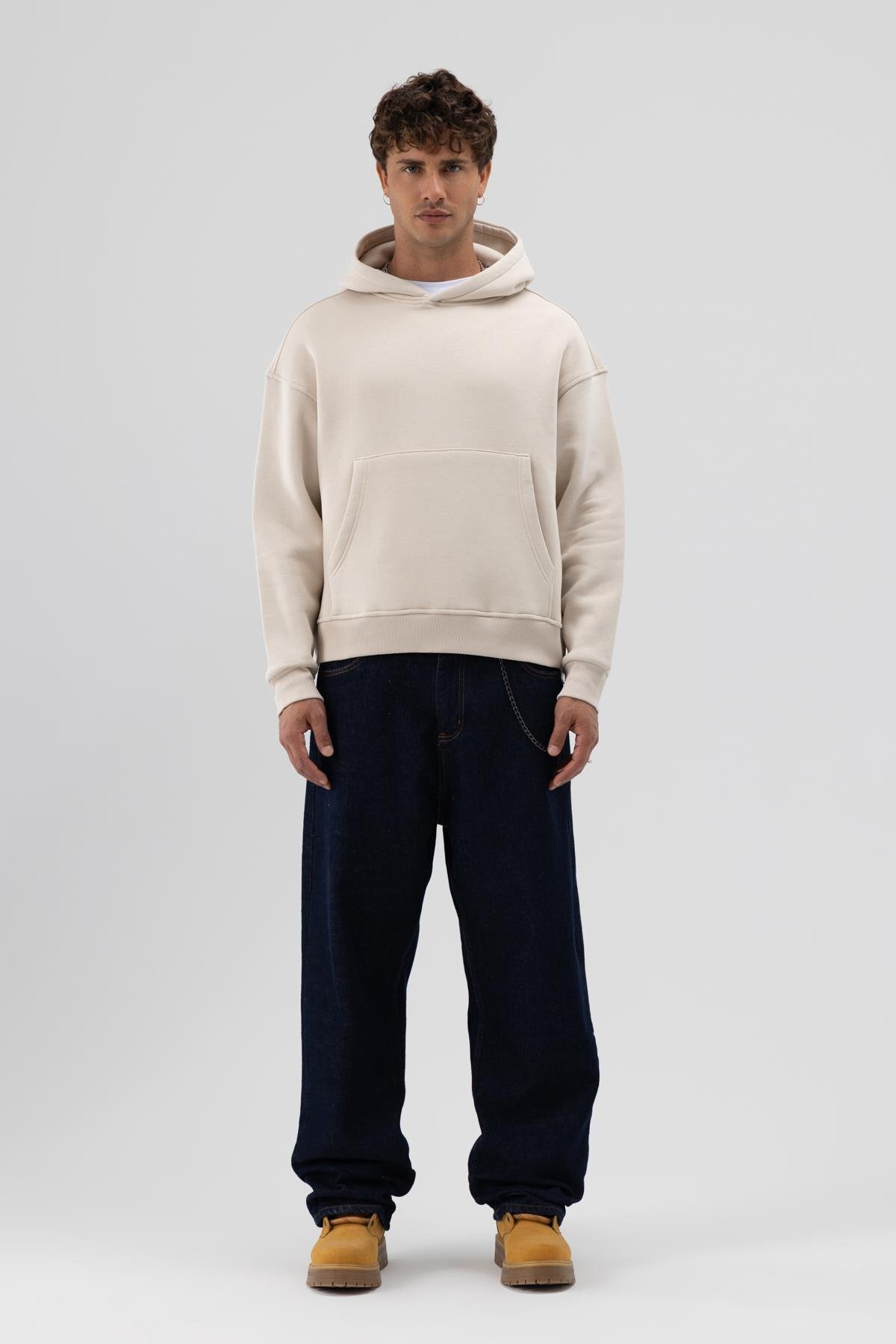 Basic Kapüşonlu Boxy Fit Sweatshirt Taş — بژ V70-87 — تصویر 2 از 6
