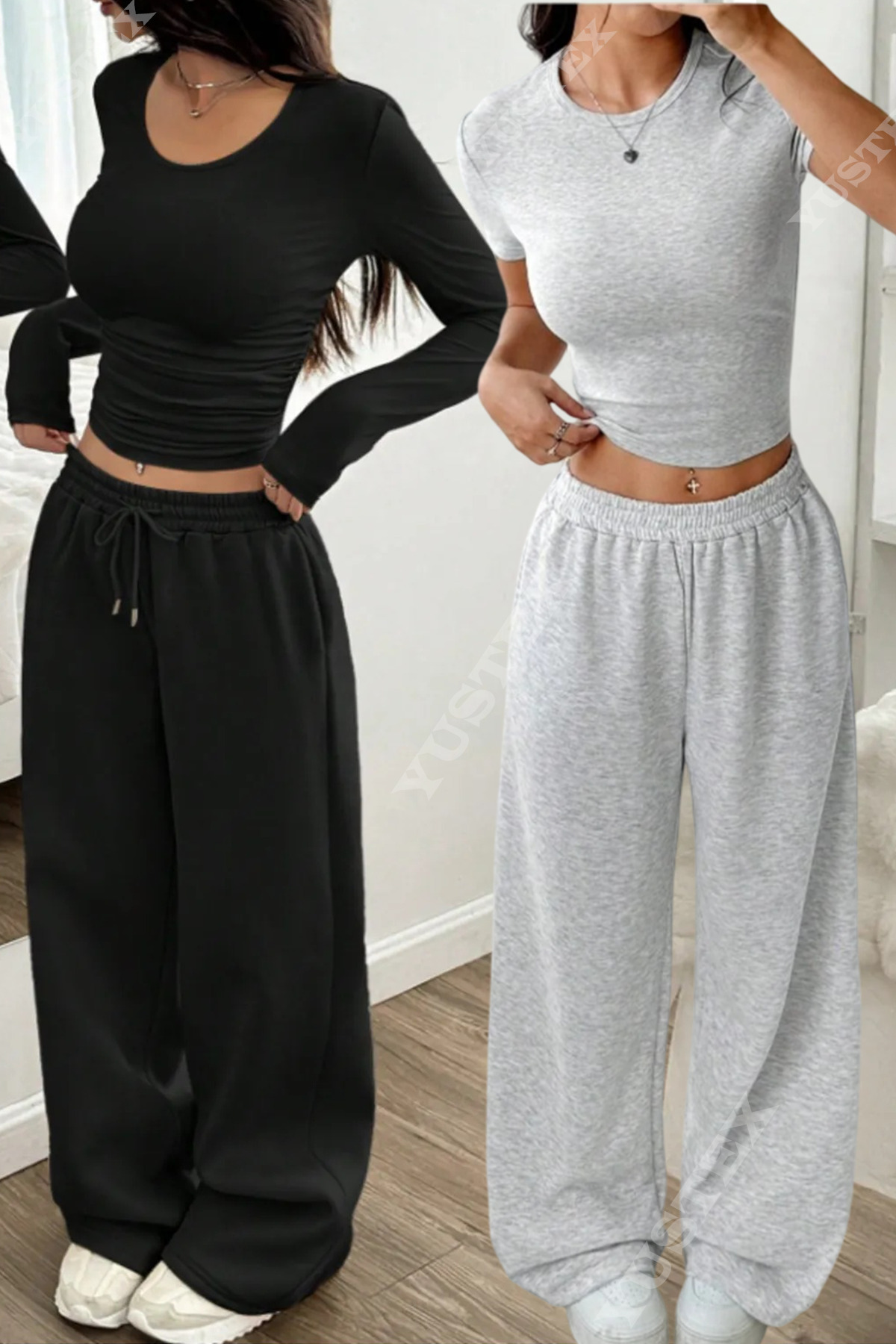 CAONNES 2 Adet Kadın Siyah + Gri Büyük Beden Baggy Bol Kesim Pantolon ALTI Esnek Rahat Kumaş Eşofman Altı