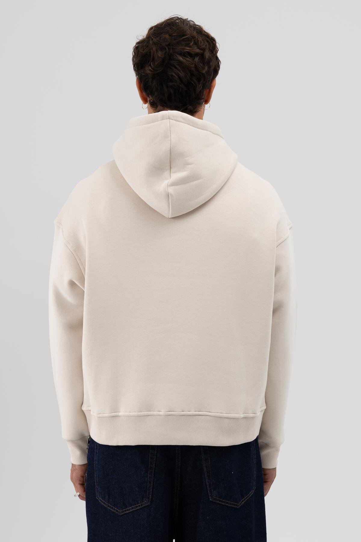 Basic Kapüşonlu Boxy Fit Sweatshirt Taş — بژ V70-87 — تصویر 6 از 6