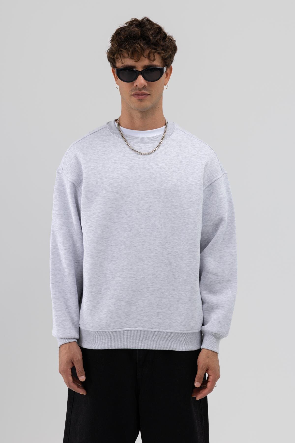 Basic Bisiklet Yaka Oversize Sweatshirt Karmelanj — خاکستری V70-79 — تصویر 3 از 6