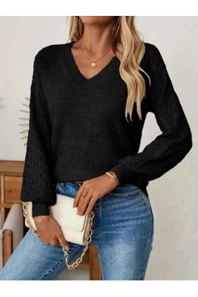 AQE FASHION Kadın Triko Kazak Siyah V Yaka Ajurlu Şık Desenli Uzun Kollu Moda