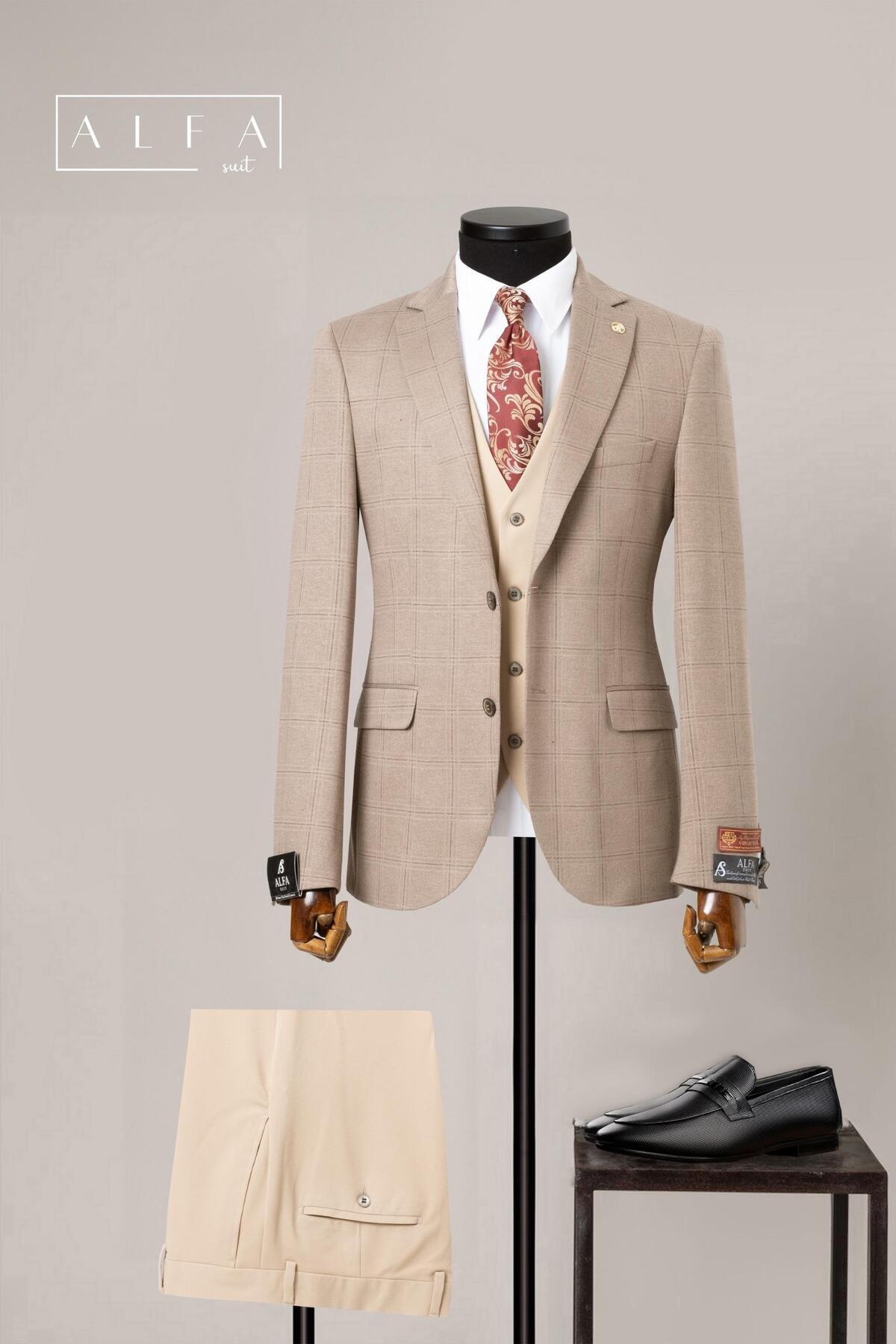 ALFA SUIT Erkek takım elbise mono yaka kapaklı cep kareli kombinli