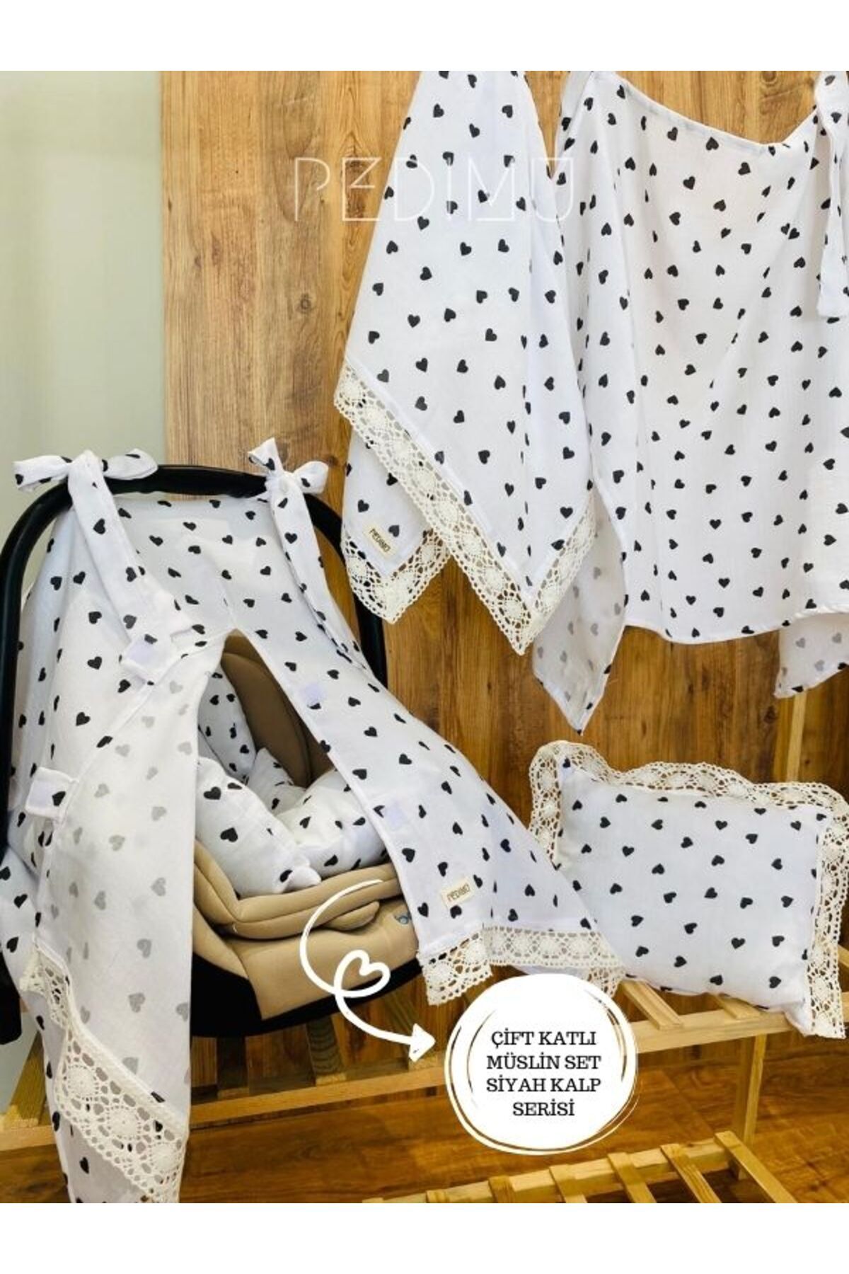 Pedimu Fistolu Çift Kat Müslin 5’li Set Puset Örtüsü+Minderi+Emzirme Örtüsü+Çok Amaçlı Örtü+Bebek Yastığı fotoğrafı 4 (önizleme)