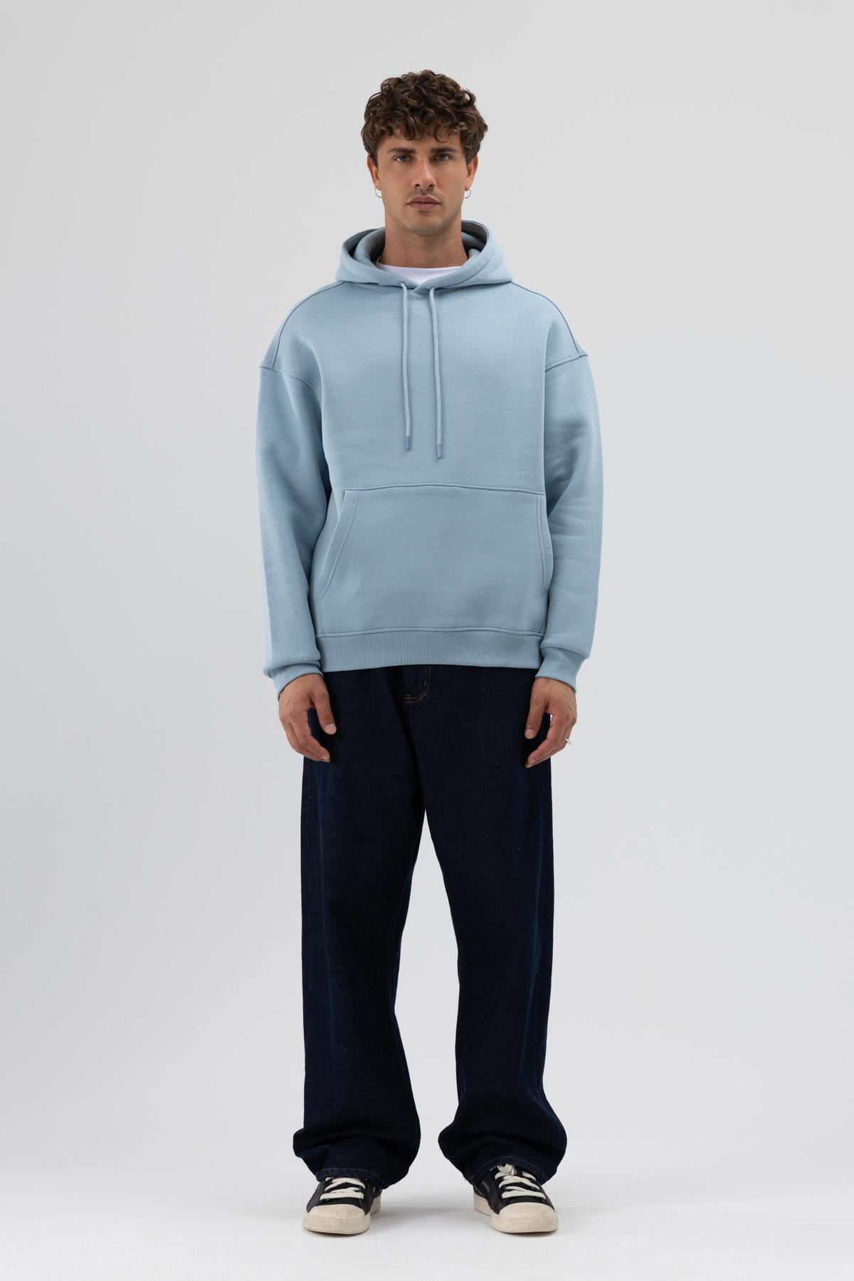 Basic Oversize Kapüşonlu Sweatshirt K.Mavı — آبی V70-80 — تصویر 2 از 5