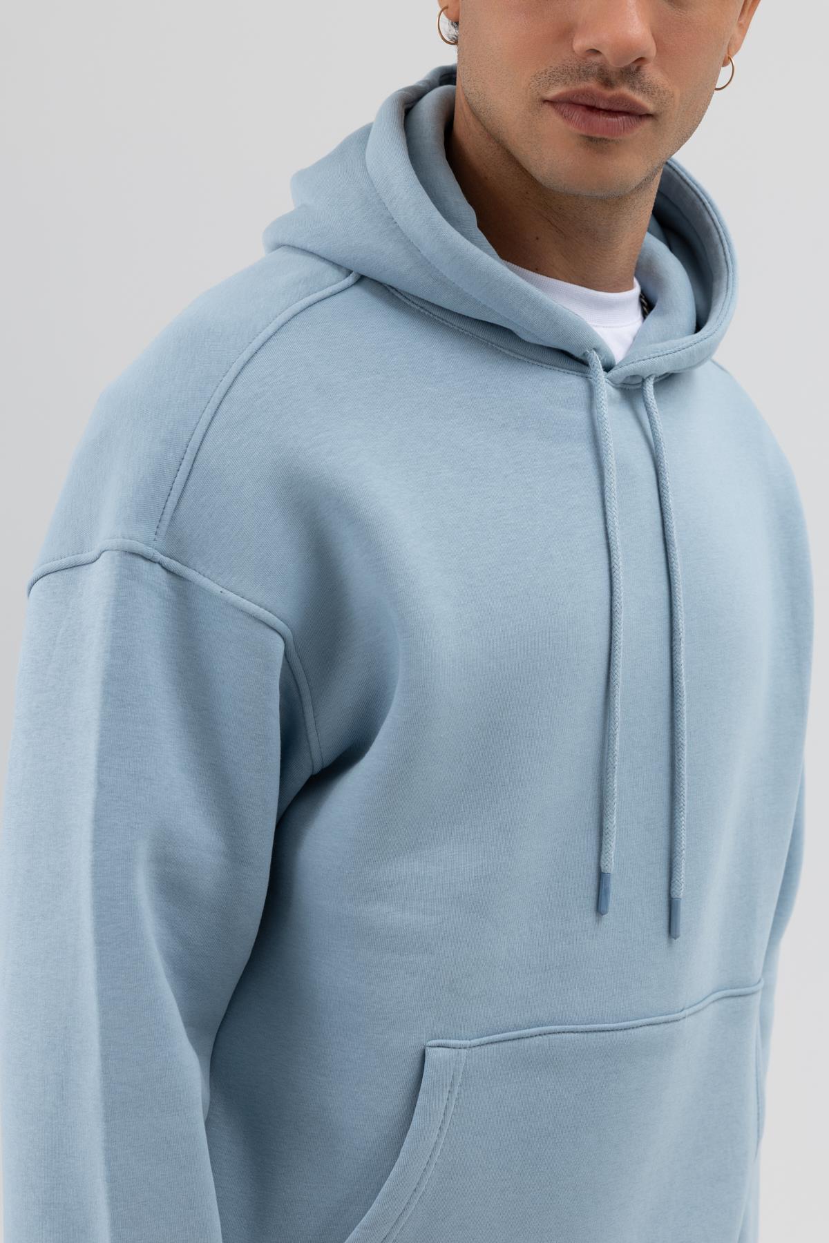 Basic Oversize Kapüşonlu Sweatshirt K.Mavı — آبی V70-80 — تصویر 4 از 5
