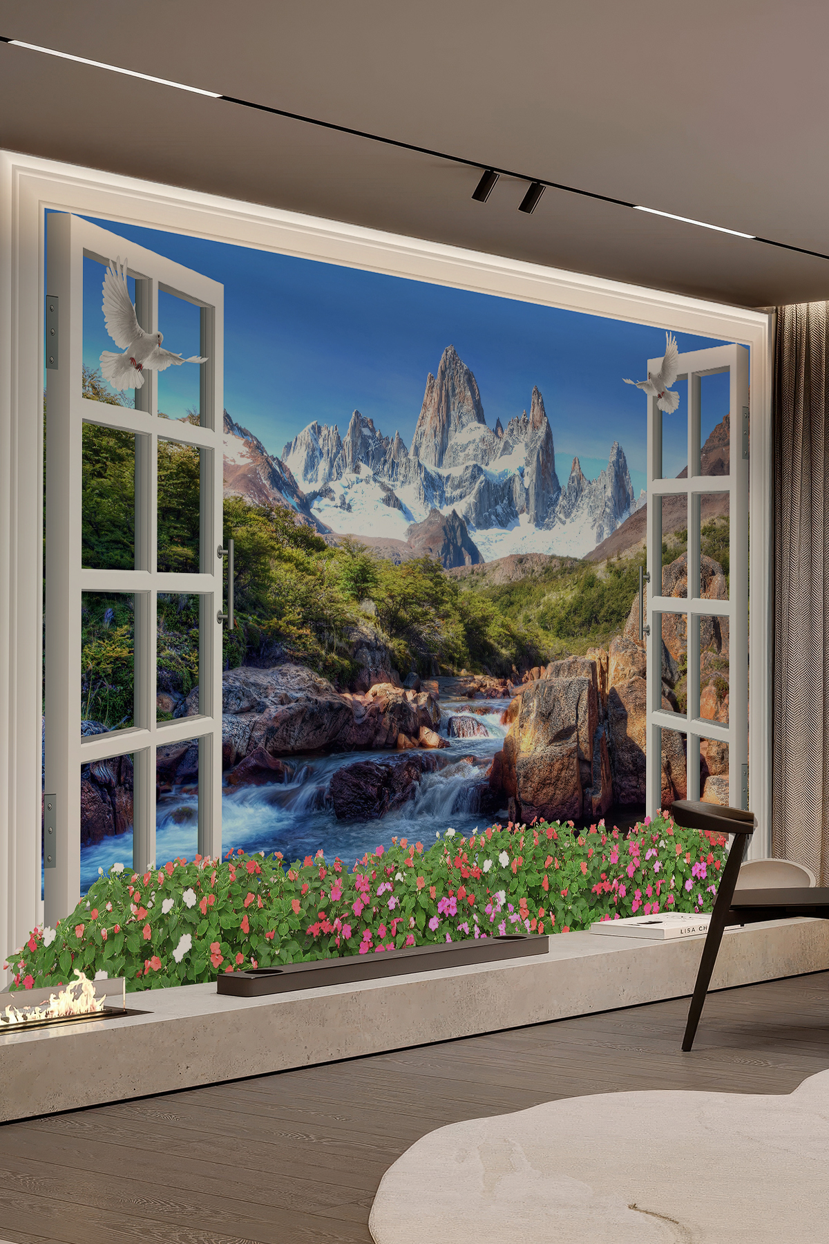 Peak View – Wallpaper with Mountain and Waterfall Window