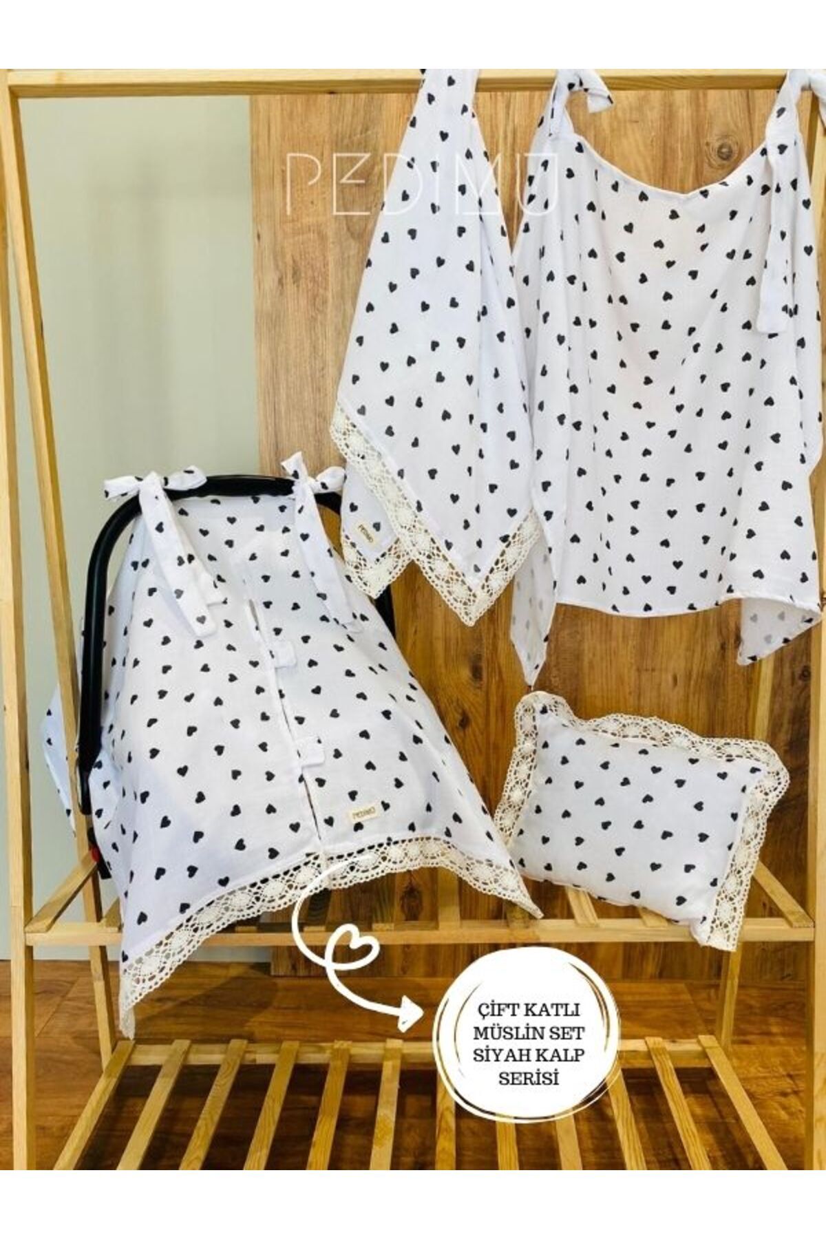 Pedimu Fistolu Çift Kat Müslin 5’li Set Puset Örtüsü+Minderi+Emzirme Örtüsü+Çok Amaçlı Örtü+Bebek Yastığı fotoğrafı 2 (önizleme)