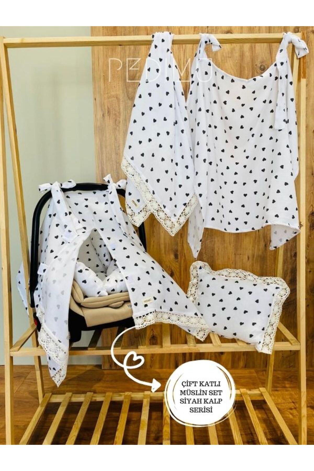 Pedimu Fistolu Çift Kat Müslin 5’li Set Puset Örtüsü+Minderi+Emzirme Örtüsü+Çok Amaçlı Örtü+Bebek Yastığı fotoğrafı 3 (önizleme)