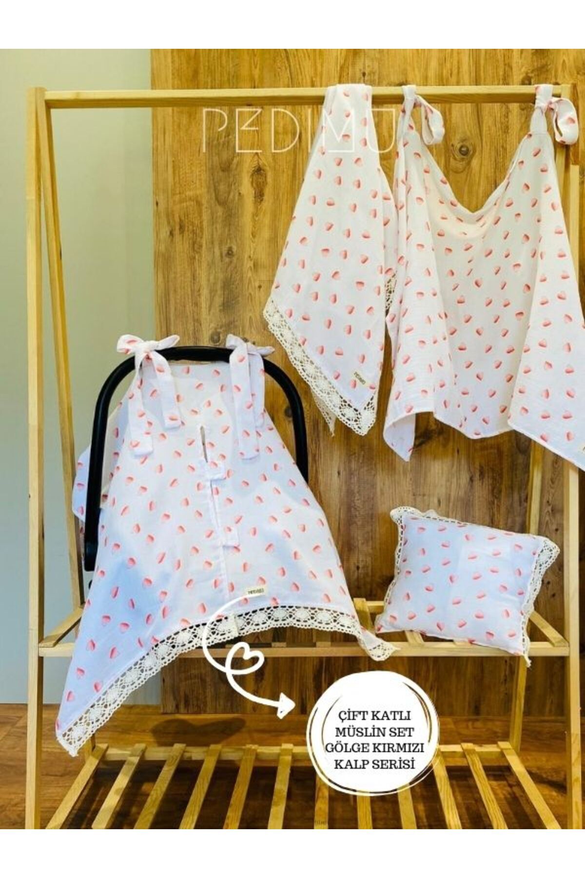 Pedimu Fistolu Çift Kat Müslin 5’li Set Puset Örtüsü+Minderi+Emzirme Örtüsü+Çok Amaçlı Örtü+Bebek Yastığı fotoğrafı 4 (önizleme)