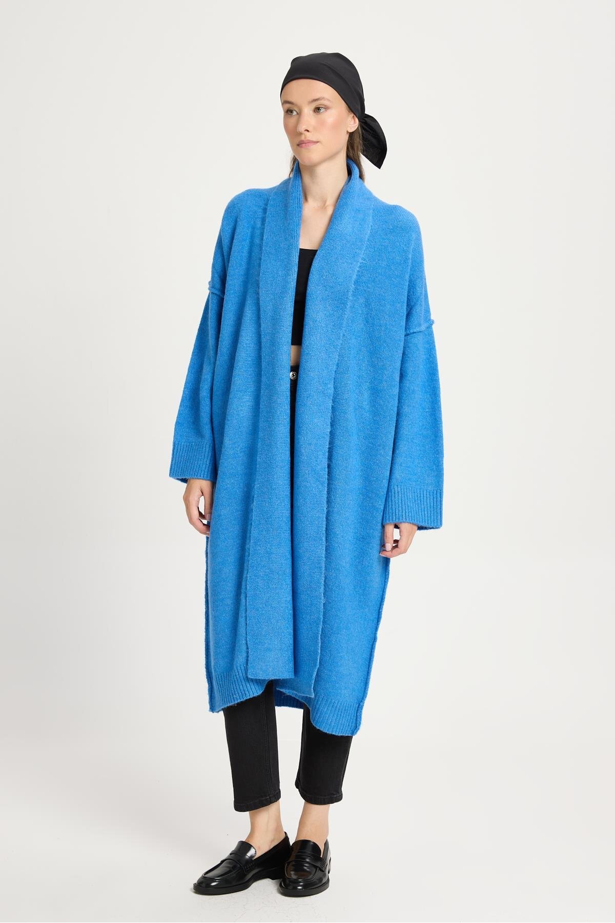 Saxe Dirty Sewing Detailed Long Oversized Fuzzy Knitwear Cardigan 26257
