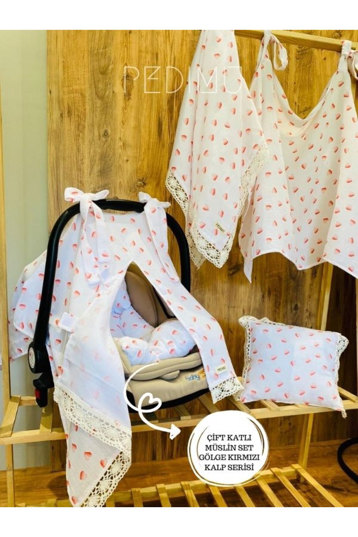 Pedimu Fistolu Çift Kat Müslin 5’li Set Puset Örtüsü+Minderi+Emzirme Örtüsü+Çok Amaçlı Örtü+Bebek Yastığı fotoğrafı 5 (önizleme)