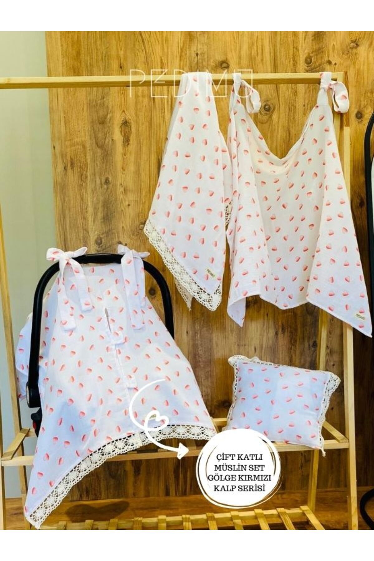 Pedimu Fistolu Çift Kat Müslin 5’li Set Puset Örtüsü+Minderi+Emzirme Örtüsü+Çok Amaçlı Örtü+Bebek Yastığı fotoğrafı 3 (önizleme)