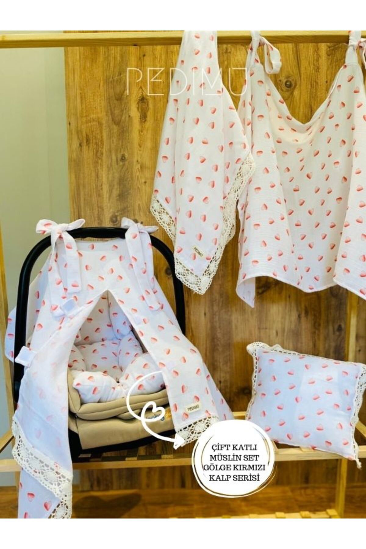 Pedimu Fistolu Çift Kat Müslin 5’li Set Puset Örtüsü+Minderi+Emzirme Örtüsü+Çok Amaçlı Örtü+Bebek Yastığı fotoğrafı 2 (önizleme)