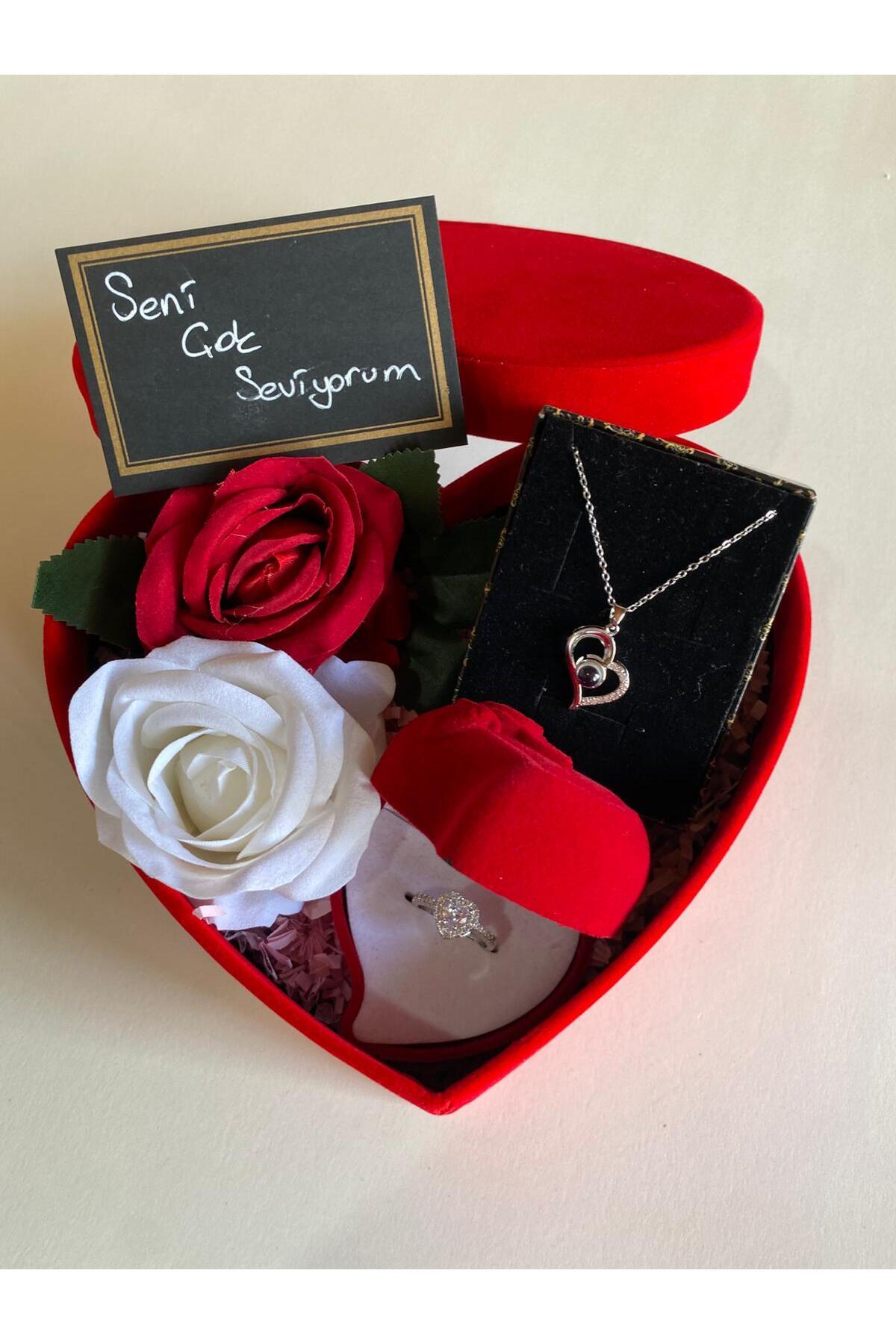 JUPİTER HOME Kalpli Kutuda 100 Dilde Seni Seviyorum Kolyesi Ve Yüzük Setti 14 Şubat Sevgililer Günü Hediyesi
