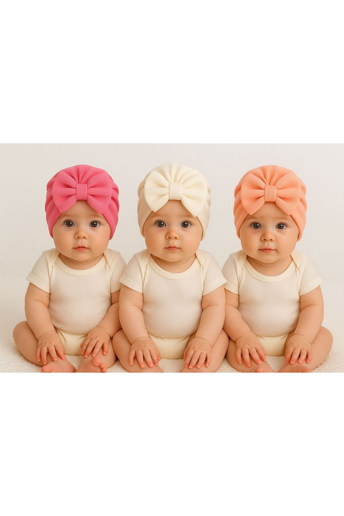 Pico Baby Fiyonklu Çift Kat Bebek Bone 3'lü Set-Pembe/Beyaz/Pudra