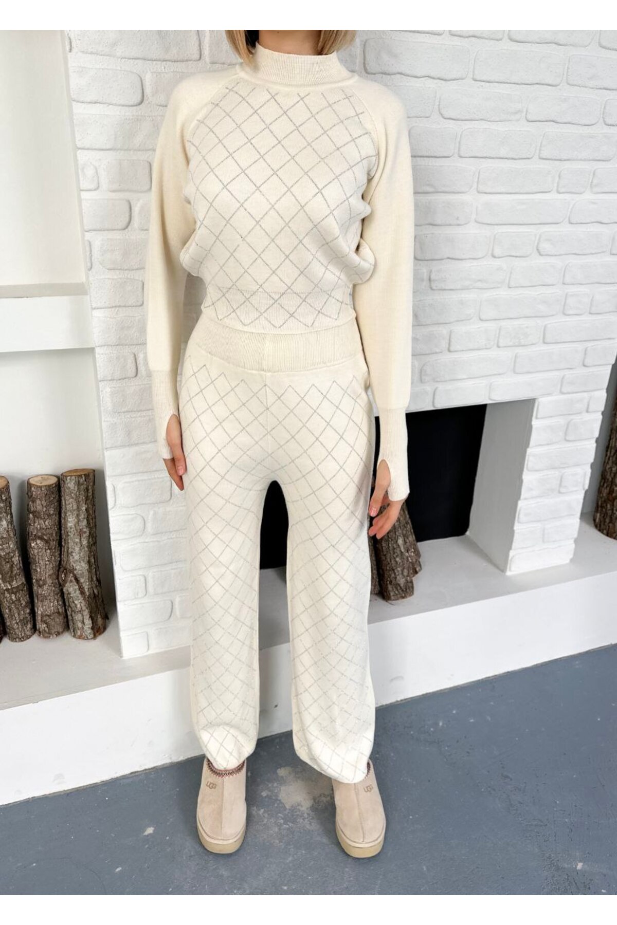 Ensemble tricot rayé à passants pour les doigts femme - Görsel 4