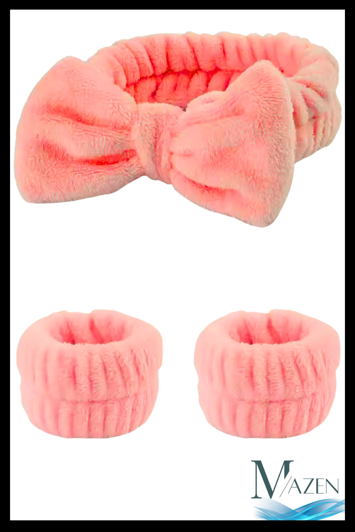 MAZEN Fiyonklu Peluş Saç Bandı & Su Tutucu Kolluk Seti | Makyaj Spa Yüz Yıkama Havlu Aksesuar