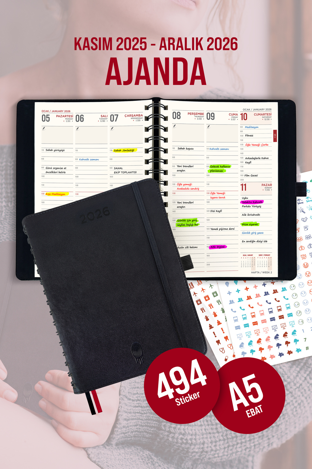 colortouch 2026 Ajanda, A5 Planlayıcı, 14 Aylık Spiralli Akademik Ajanda PU Deri 30 Dk Aralıklı Kas 25-Ara 26