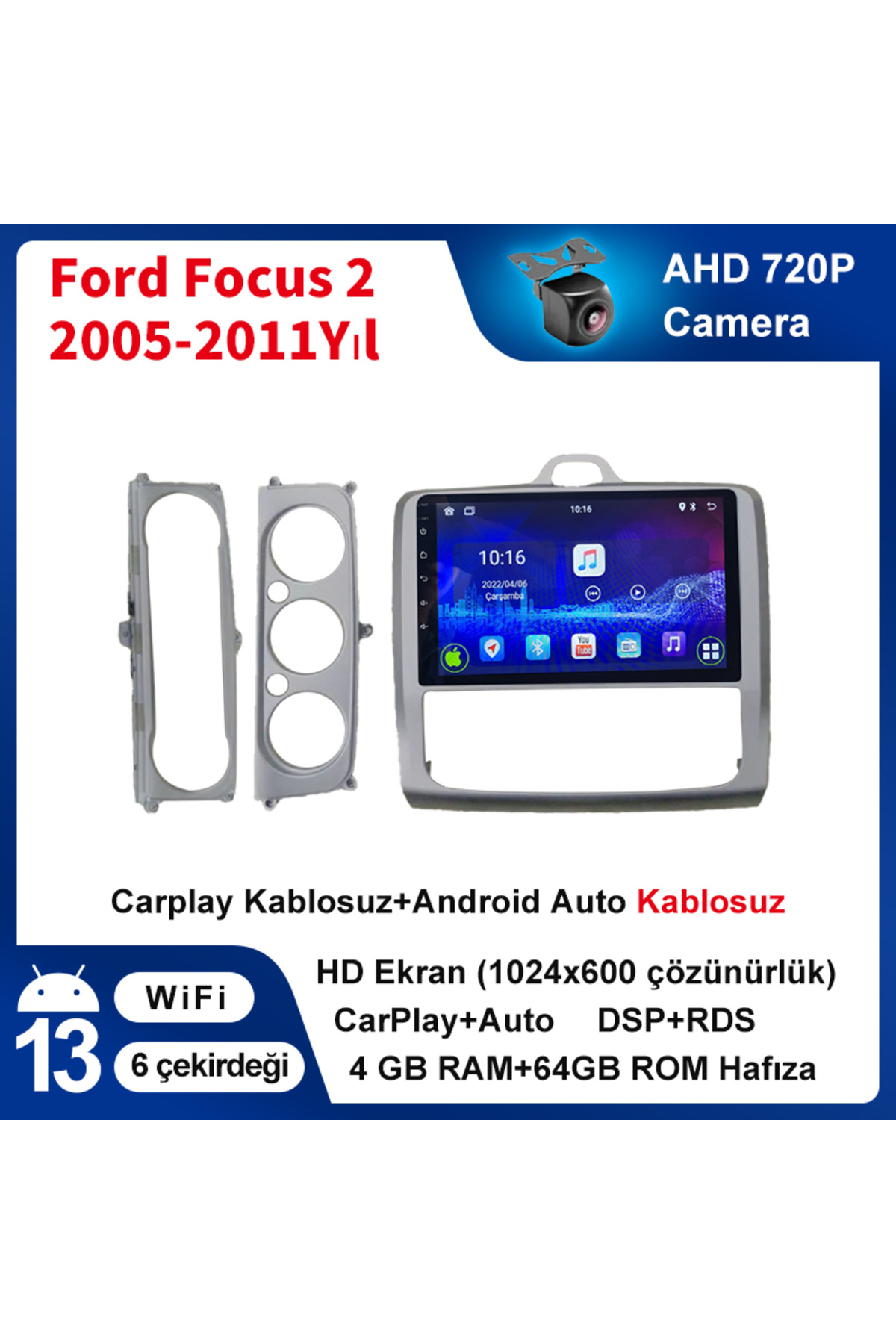 coni Ford Focus 2 2005-2011Yıl 4GB Ram 64GB Rom Multimedya Kablosuz Carplay Navigasyon kamera hediye