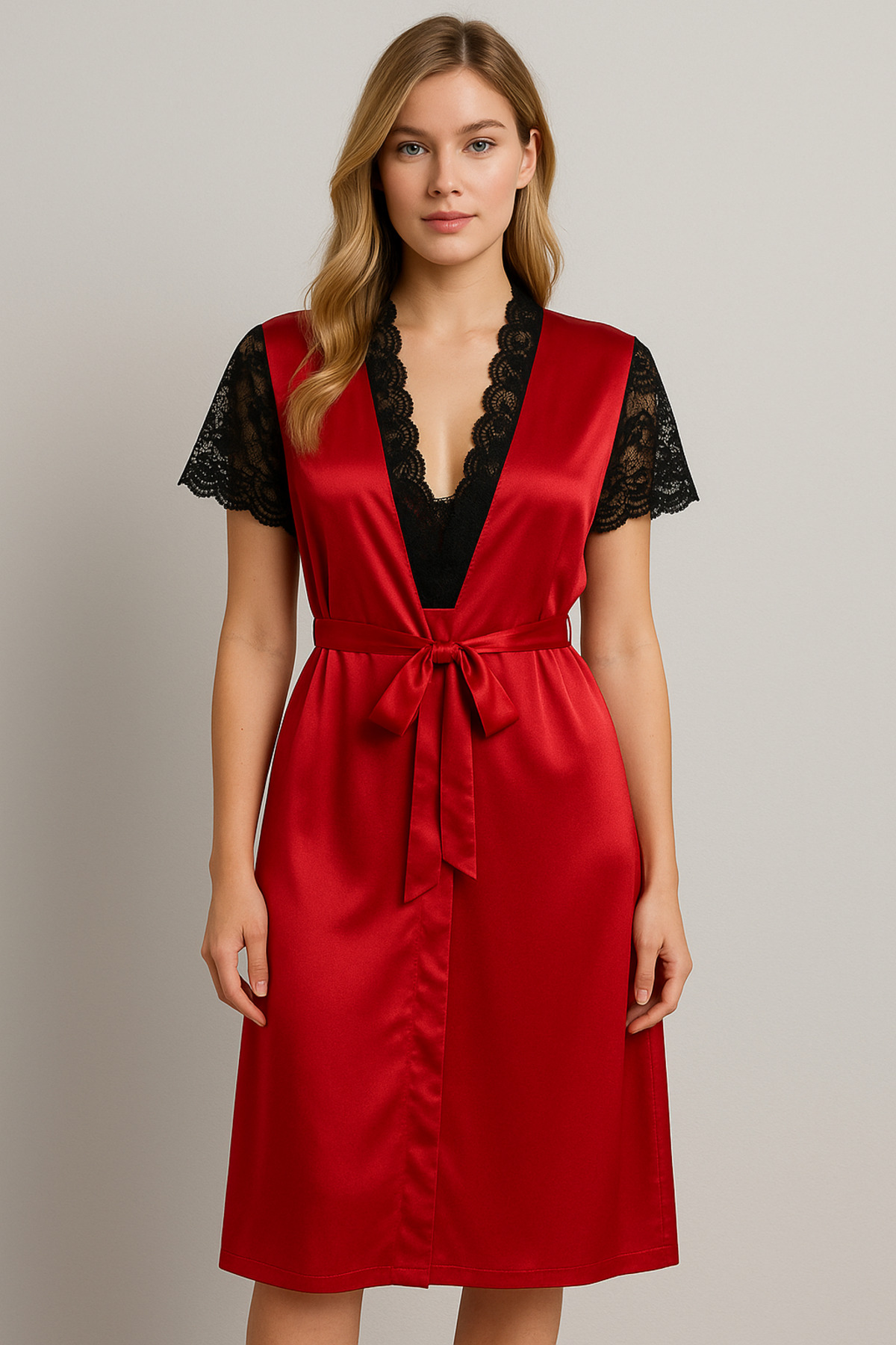 cherry queen Kırmızı Saten Dantelli Gecelik & Sabahlık Takımı – Kısa Kollu, Şık Kadın İç Giyim Seti