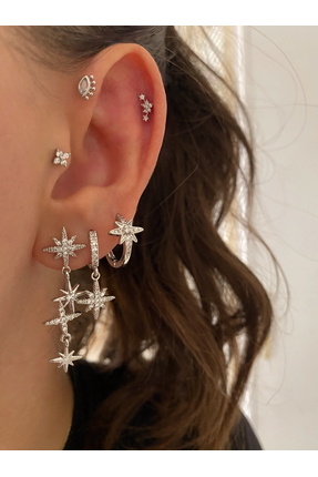 Glossy by Burcu Karataş Minimal Kutup Yıldızı Küpe Seti 3’lü Silver Renk(Pier...