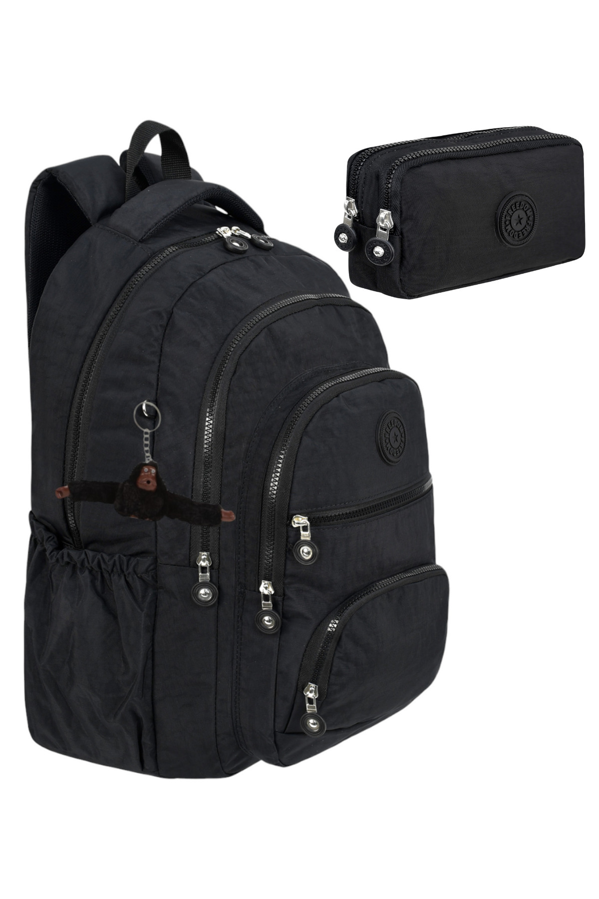 Freedom 2'li Set Lüx Krinkıl Kumaş Lise ve Ortaokul Sırt Çantası + Kalemlik, Maymun Anahtarlık Hediyeli