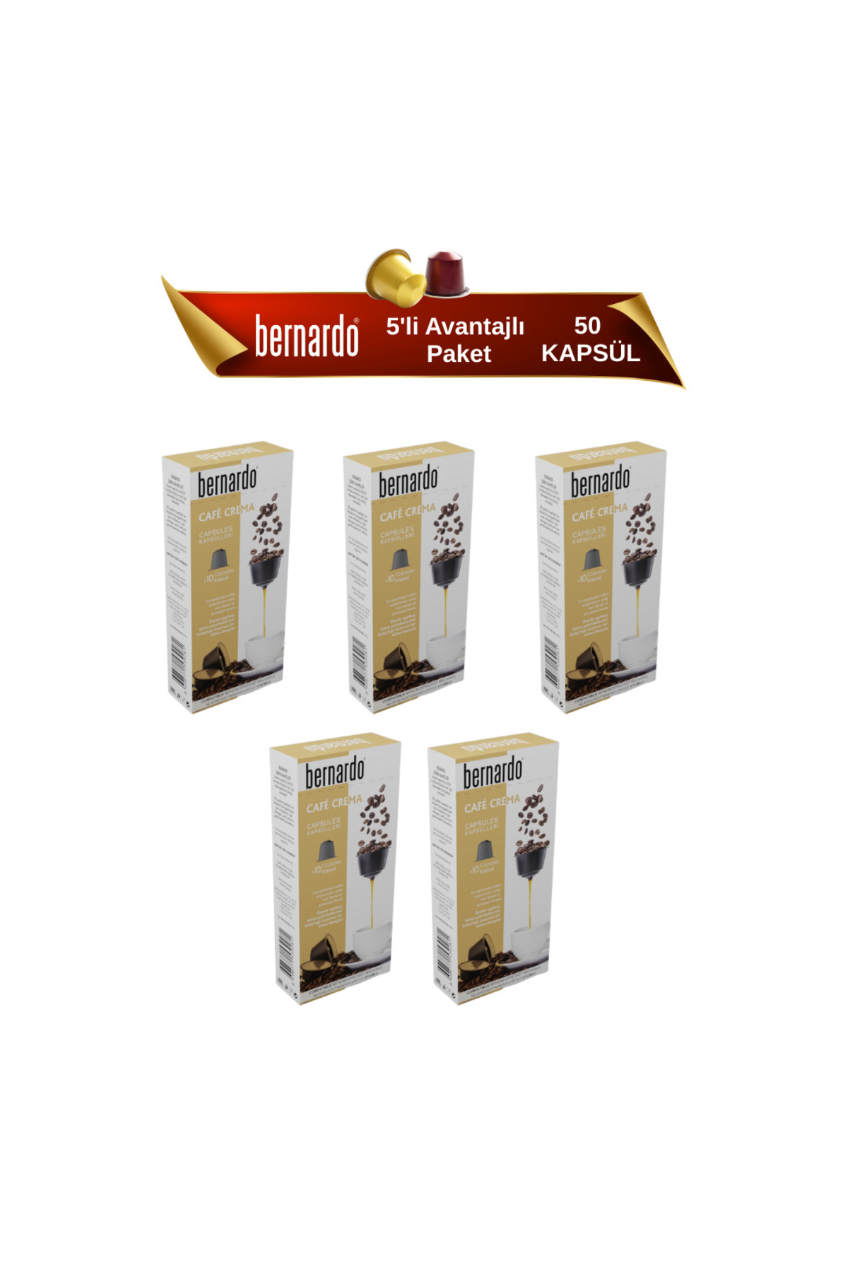 Bernardo Café Crema 5’li Kutu Kapsül Kahve – Nespresso® Uyumlu Yoğun ve Güçlü Espresso