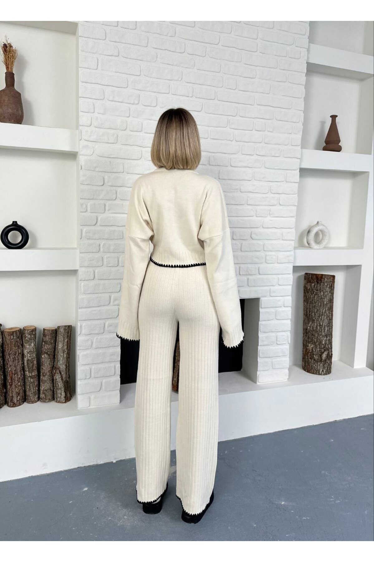 Knit Two-Piece Set with Contrast Details Beige - Görsel 4