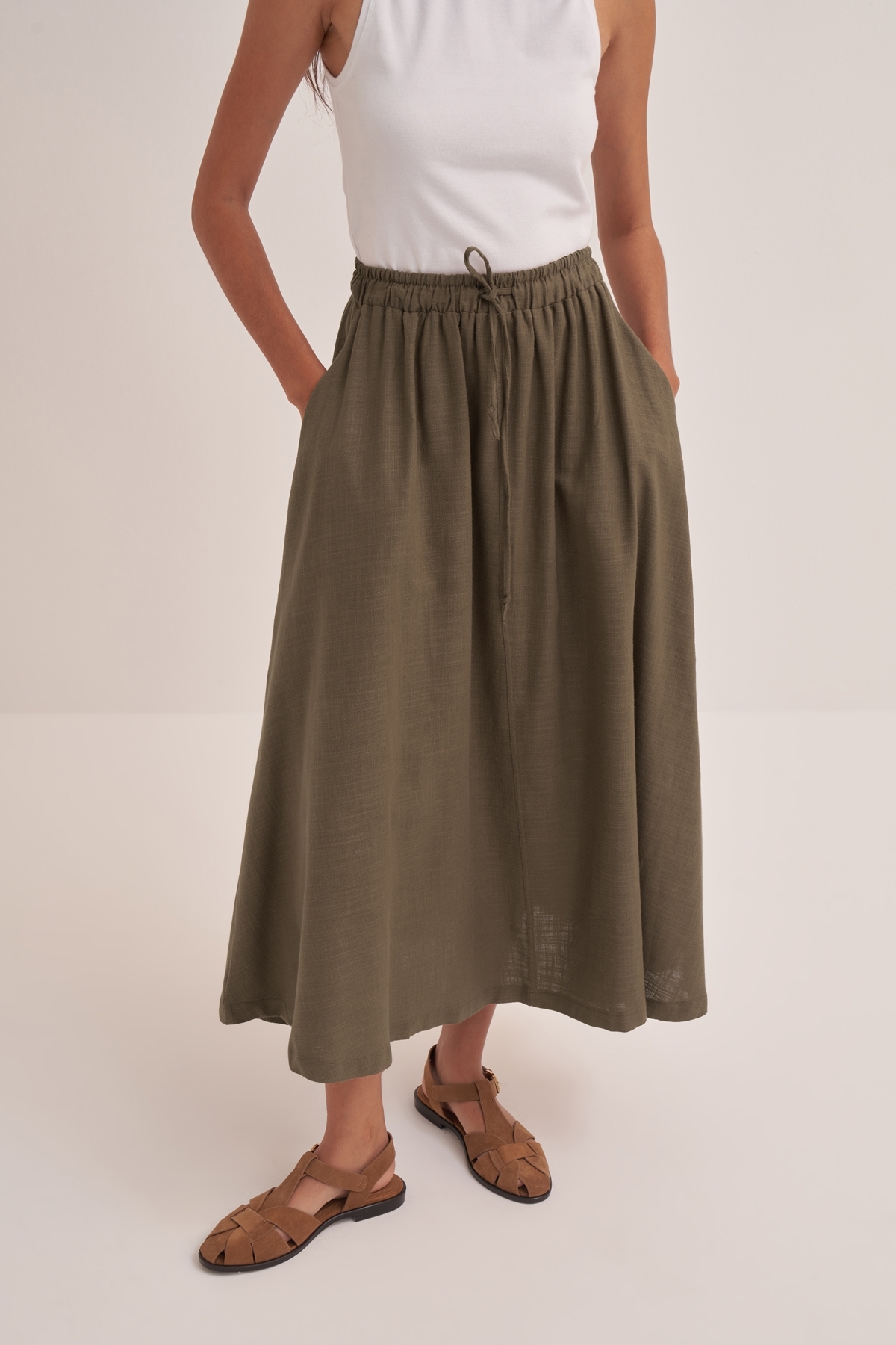 ebu prive  Kadın Organik Pamuk Dikiş Detaylı Etek Kahve - Görsel 2