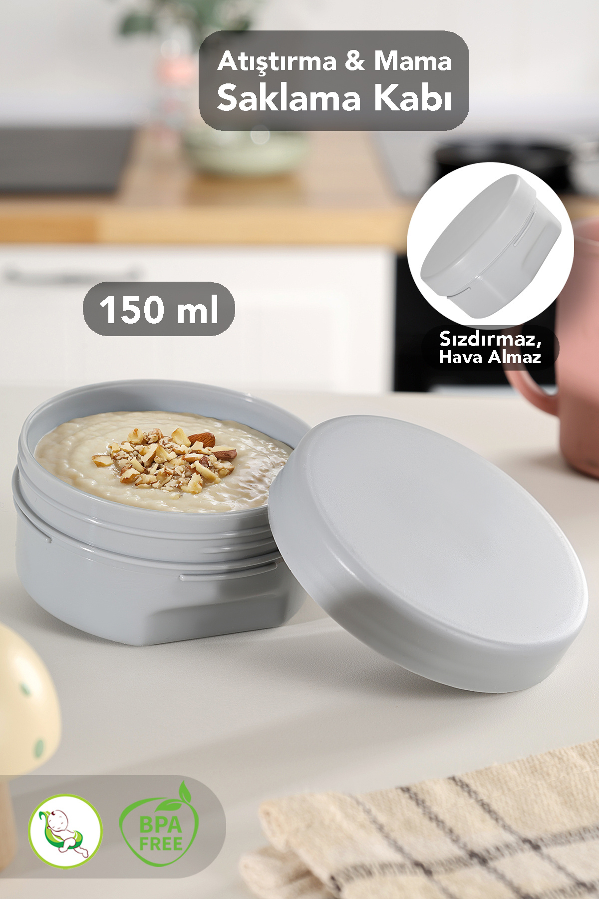 Meleni Baby 1 Adet Kapaklı Atıştırma Kabı - Yuvarlak Çocuk Atıştırmalık Bebek Beslenme Mama Kabı 150ml Gri