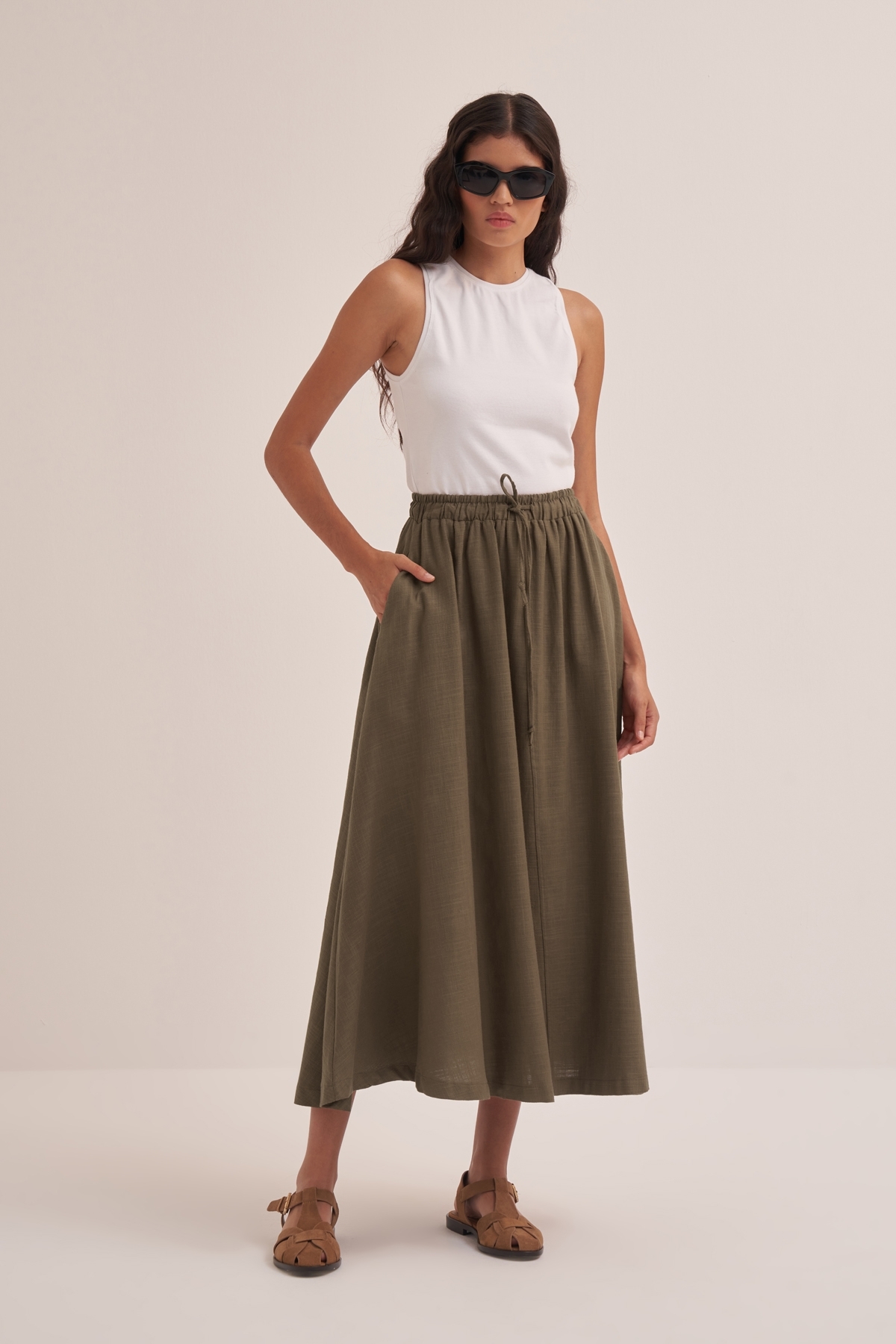 ebu prive  Kadın Organik Pamuk Dikiş Detaylı Etek Kahve - Görsel 3