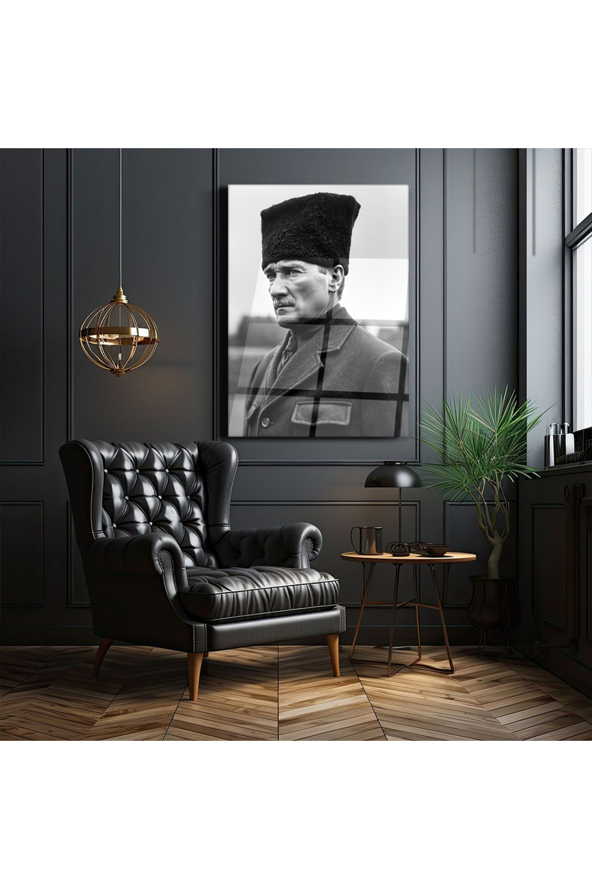Mustafa Kemal Atatürk Portresi – Siyah Beyaz-Ev-Ofis-İş-Dekorasyon-Sanatsal-Tasarım - Dikey