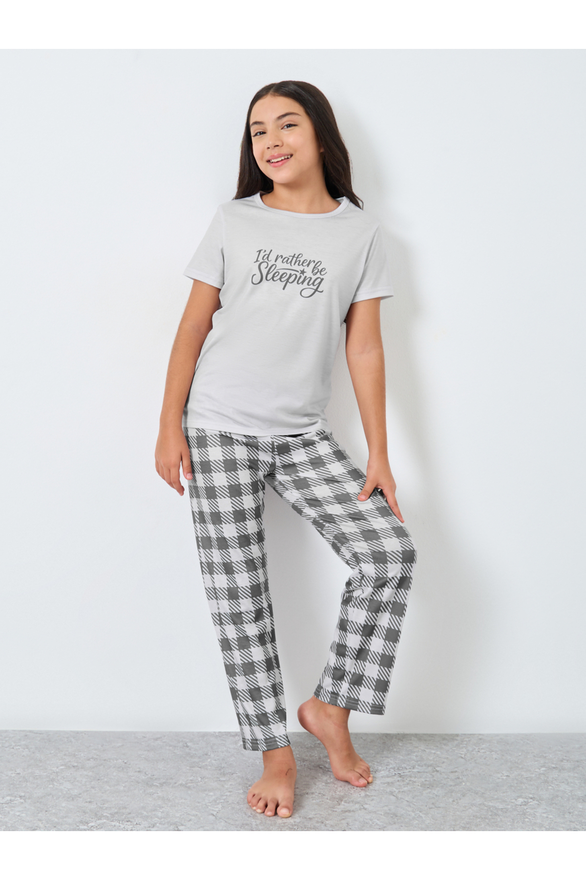 Styli Teen Grey Slogan T-Shirt and Checked Pyjama Set