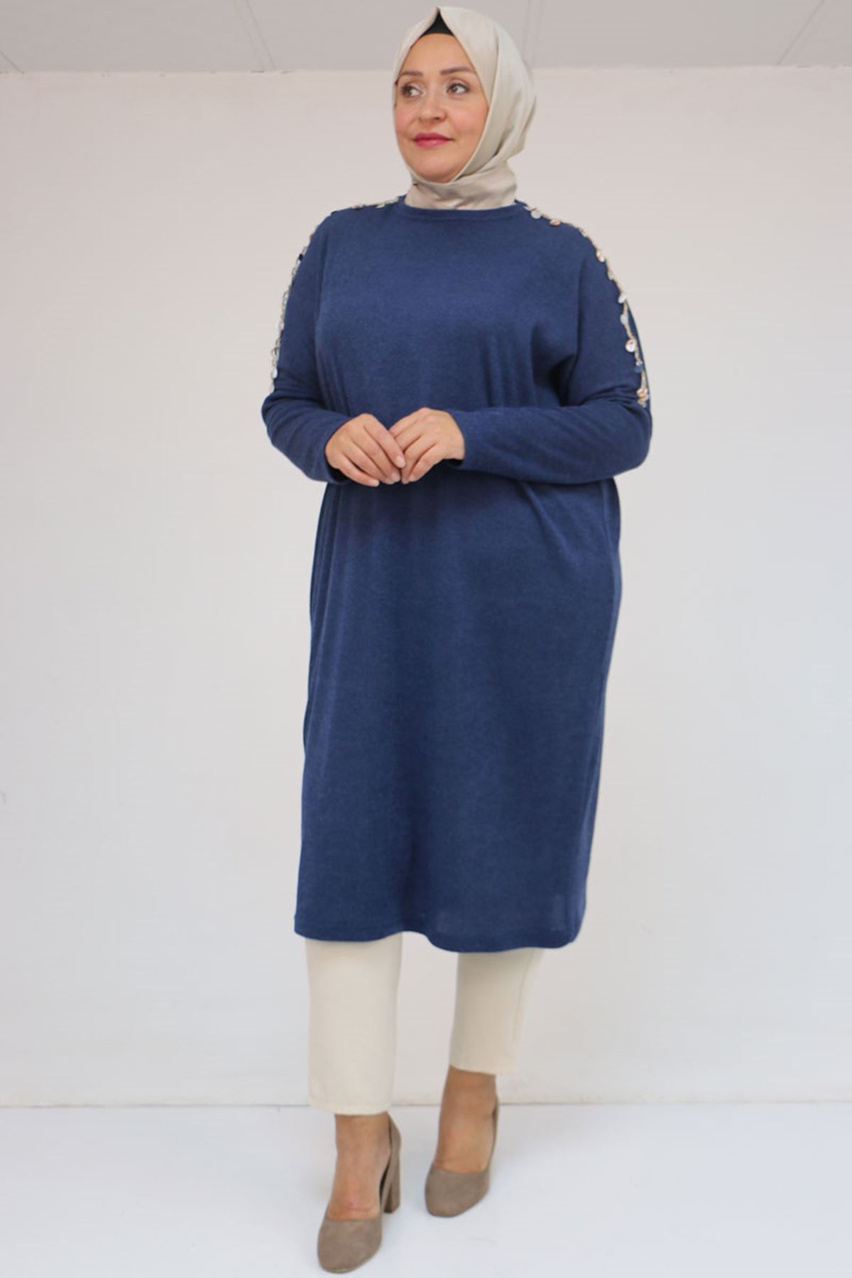 Eslina 58112 Büyük Beden Omzu Aksesuar Detaylı Düşük Kol Tunik - İndigo