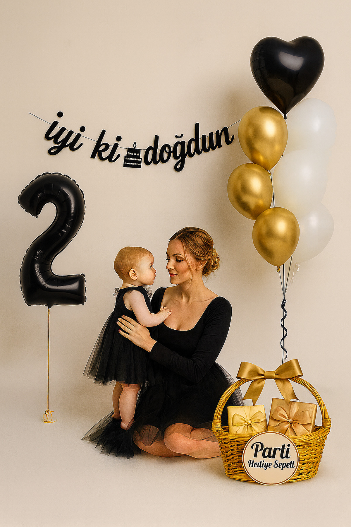 parti hediye sepeti Doğum Günü Balon Seti Siyah Gold Beyaz | Rakam Folyo ve Kalp Balon Dahil