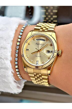 Ferrucci Kadın Kol Saati Su Geçirmez Tarih Fonksiyonlu. Gold.