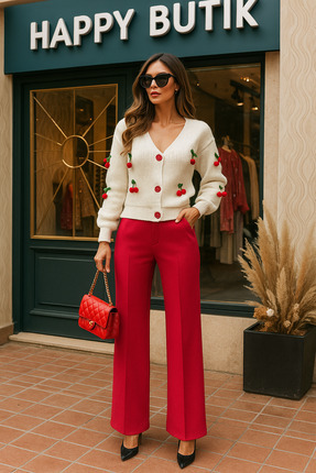 DAMGA Collection Kadın Kiraz Desenli Mevsimlik Triko Hırka