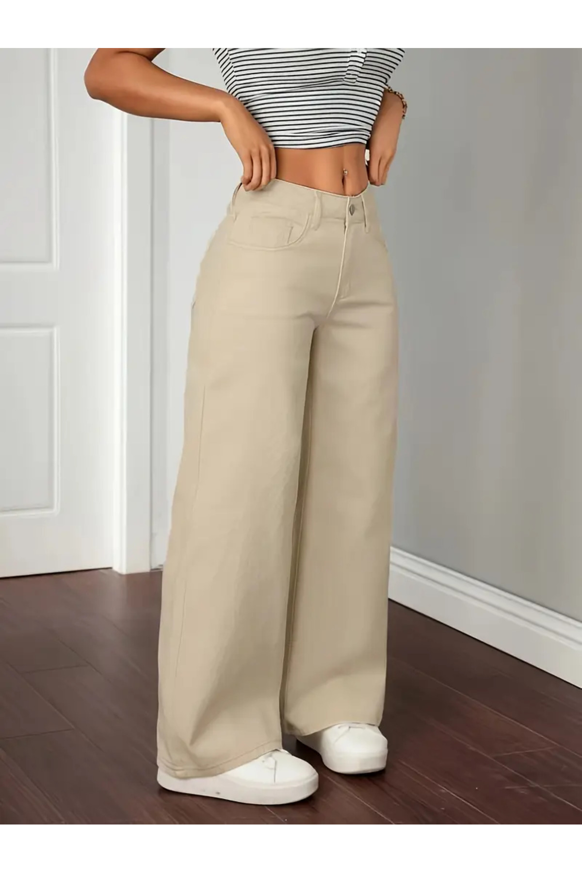Astrid Women's Beige Jeans Palazzo Shabby Casual Jean High Waist Denim Jeans Beekeplzsiyah