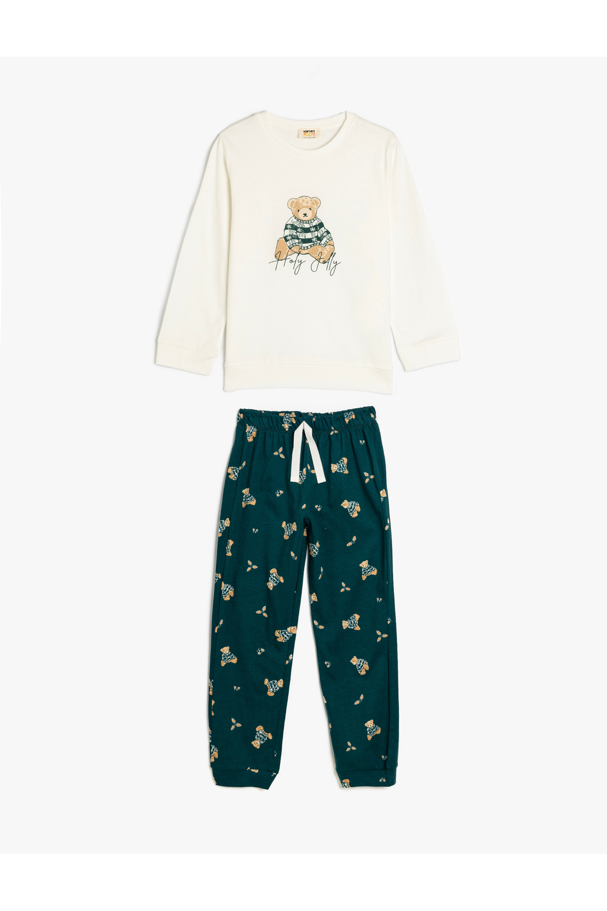 Teddy Bear Baskılı Uzun Kollu Pamuklu Pijama Takımı