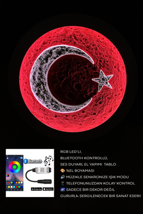 Woodnity El Yapımı Türk Bayrağı Ay Tablo 52 cm – RGB Bluetooth Kontrollü Ses ...